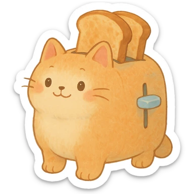 soft pastel-colored cat as a toaster, with two toast slices popping out, smiling sweetly, full-body sticker