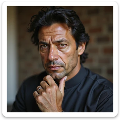 Imran Khan thinking, realistic face, detailed features, photorealism style, ultra realistic, high detail sticker