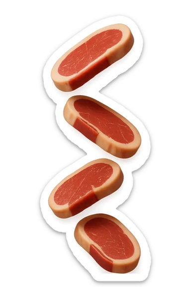 emoji stile iphone in 3d di fette di carne che cadono verticalmente dall'alto, iperrealistico 4k sticker