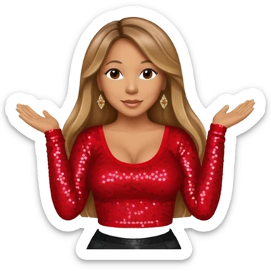 Mariah Carey with long dark blonde hair, red sequin long sleeve crop top sticker