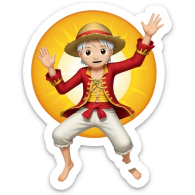 the king of the pirates (luffy) with white hair and clothes jumping in front of the sun sticker