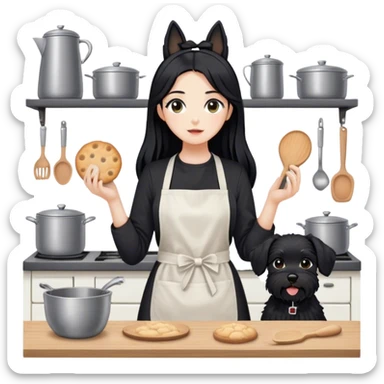 pale girl with long black hair wearing black long sleeve tshirt wearing apron and baking treats holding black floppy ear schnauzer no tail sticker