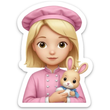 girl kid italian chef, blonde,  pink uniform, holding plush rabbit sticker