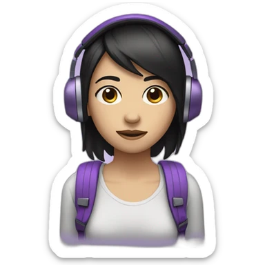 a depressive girl with purple headphones and straight black hair she will have a purple backpack sticker