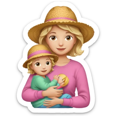 A cheerful wavy short blond hair mom in a straw hat carrying her child, wearing a pink sweater sticker