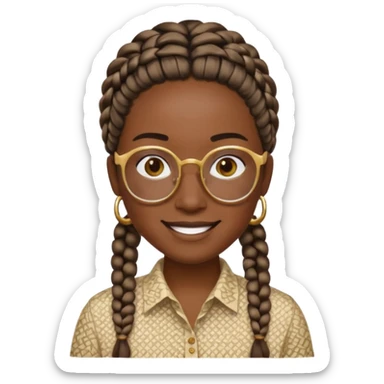 smiling face with black skin tone, golden glasses, braided hair, beige patterned shirt, no sweat drop, simple and expressive sticker