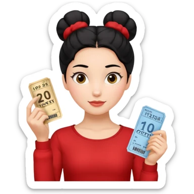 A girl with a one bun of black hair, wearing a red long-sleeved shirt and holding theater tickets sticker