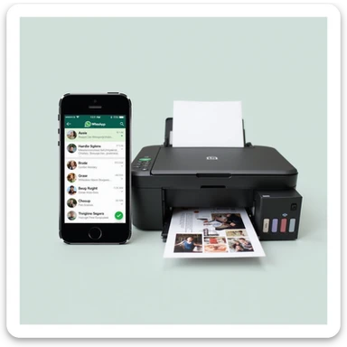 realistic thumbnail for a WhatsApp print out service, with a smartphone on the left side displaying WhatsApp chat with images and document icons, and a printer on the right side outputting printed photos and documents, clean background sticker