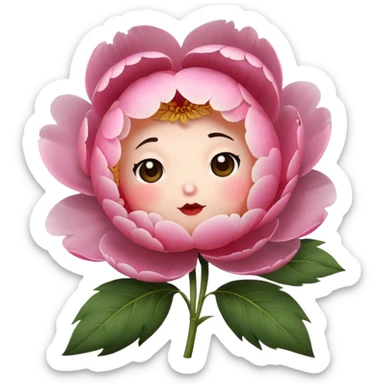 pink peony flower with a round body, blushing cheeks, nervous expression sticker