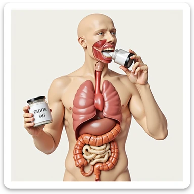ultra-detailed, hyperrealistic 4K medical illustration of a human body with a jar labeled 'CELTIC SALT', throwing salt into his mouth at breakfast, neutral clear background sticker