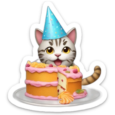 cat wearing a birthday hat eating a cake made out of fish sticker