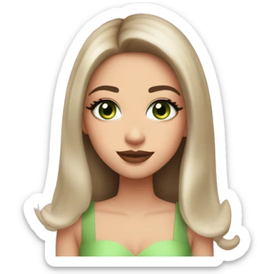 beautiful girl with high cheek bones orange blush, long straight shiny dark brown hair, big green eyes and big pale pink lips. Long thick eyelashes. Wearing a cream bustier.  She is smiling sticker