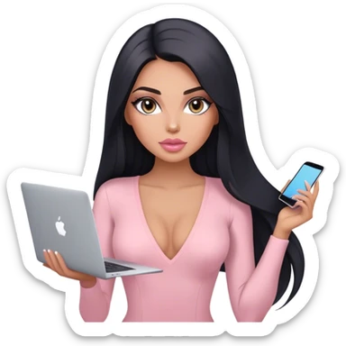 Glamours, tanned, very beautiful girl, with big pump peach-beige-rose lips, long lashes, black straight smooth silky long hair, straight parting hair, blue-grey eyes, in light-pink v-neck bodysuit holding MacBook sticker