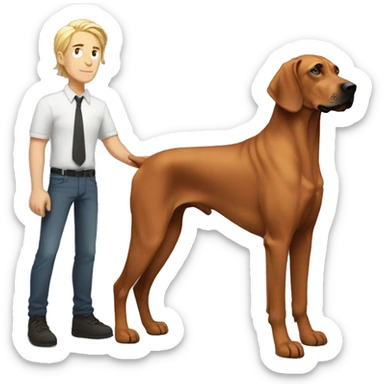 white male with long rainbow colored hair standing alongside a brown rhodesian ridgeback sticker