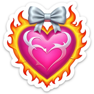 neon heart with a silver bow with heart pattern on the bow, with flames sticker