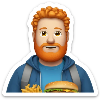 Fat ginger guy in a blue hoodie with orange hair and an orange beard with a cheeseburger sticker