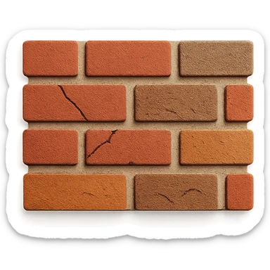 close-up of a brick wall with red and brown bricks, visible mortar, rough texture, natural lighting, slight weathering, cracks in paper craft style sticker