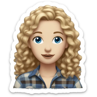 Pale woman long curly light brown hair, blue eyes, flannel sticker