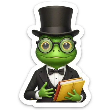 frog wearing top hat with glasses and yellow book sticker