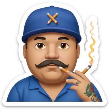 a fat dad in a hip hop cap with a tattoo, a cigarette in his mouth, and a mustache. sticker