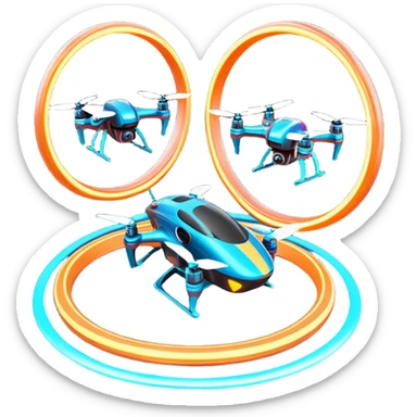 An icon featuring two racing drones flying at high speed through glowing rings on an obstacle course. Motion blur and a dynamic aerial path show intense competition. A controller appears in the corner. Transparent background highlights the thrill and precision of drone racing. sticker