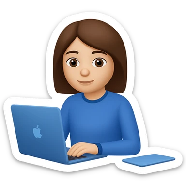 Change hair to brown, right hand forward to the front, keep blue clothes, hand on laptop. The style should resemble emoji style with no background. sticker