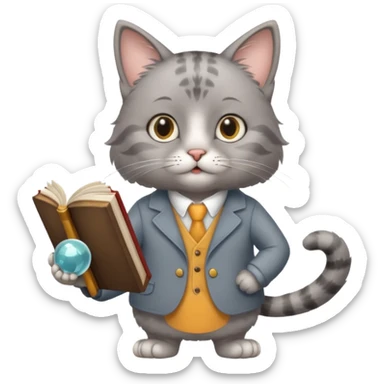 A cat with a mirror on its feet, a book in one hand, a teacher's stick in the other, and hair that looks like Einstein's. sticker