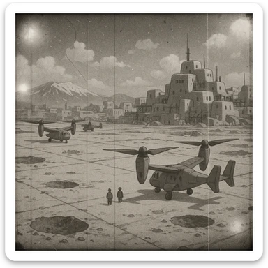 8mm film black and white, no color, light leaks. the image shows post-war reconstruction-era life in the z'rian commonwealth capital region, santa-fe neo-adobe futuristic architechture. arctic temperate region. the image shows a vast airstrip, craters and blast marks. the aircraft are v-shaped skyrotor vtol dual engine tilt-rotors sticker
