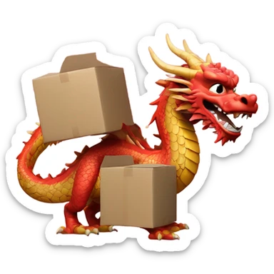 An emoji of a Chinese-style dragon carrying small cardboard boxes on its back, with a minimal red cloud background sticker
