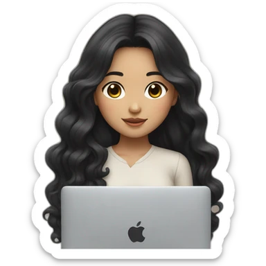 Korean girl with long and wavy black hair in front of her macbook sticker