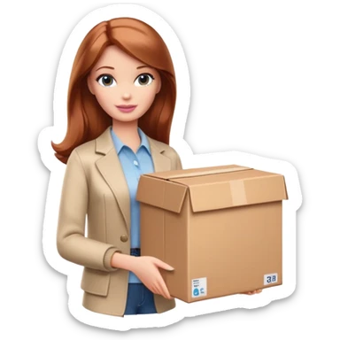 Barbie, shoulder-length reddish-brown hair, holds a package box, Barbie is wearing beige and brown colored clothes sticker