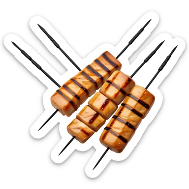 Cinematic Realistic Yakitori Dish Emoji, depicted as skewered, grilled chicken pieces with a charred finish rendered with crisp textures and appetizing, natural lighting. sticker