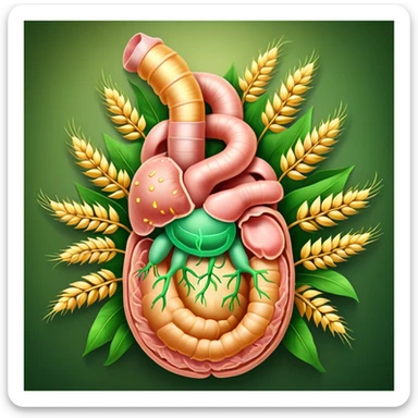 Human digestive system with esophagus, stomach, intestines, and colon highlighted, surrounded by golden wheat ears and green leaves, with glowing healing particles flowing through the digestive tract, creating a purifying effect sticker