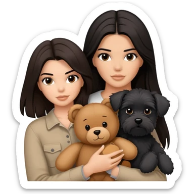 Kendall Jenner with long dark hair, holds a brown teddy bear and a black schnauzer sticker