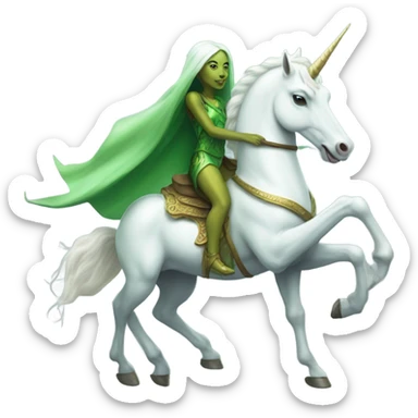 a green amazon alien woman on a white unicorn sticker