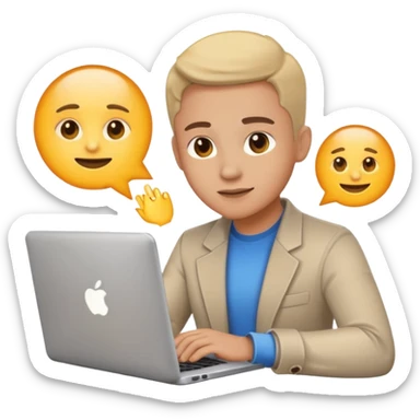 Focused online entrepreneur with laptop and phone, light glow, clean emoji style, simple background sticker