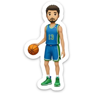 Full Body  white male basketball player with short dark shaggy hair and goatee wearing blue and green uniform sticker