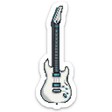 White electric guitar with sleek shiny body, black strings, and smooth neck sticker