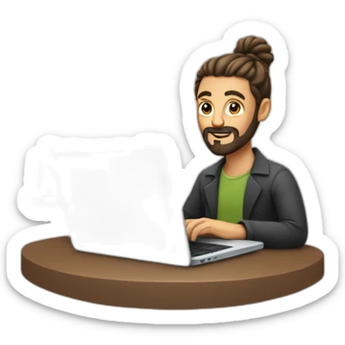 a man with a bun and beard at a laptop sticker