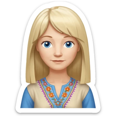 50 yr old white woman, hippie part bangs, very long straight blond hair, oval face, small smile, blue eyes, thin face, hair downback, hair parted at center of head, round cheeks, pale, longer hair, dress shirt sticker