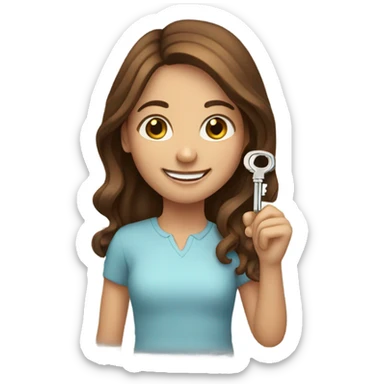 smiling girl with brown hair holding a house key sticker