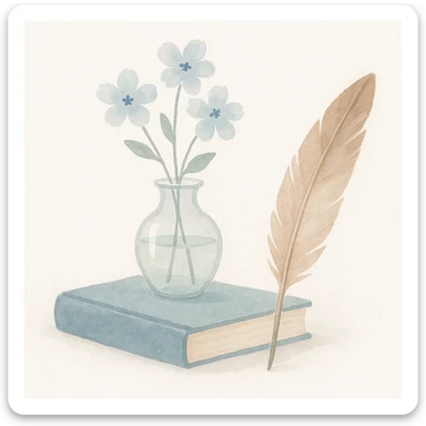 still life of a vintage blue book, pale blue flowers in a transparent vase, and a feather quill pen, arranged artistically together sticker