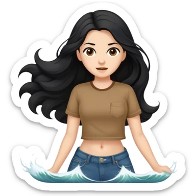 Fair skin girl - long black hair, big waves - wearing a brown navel-baring short-sleeved shirt - jeans sticker