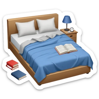 messy bed with a wrinkled blanket, the pillow out of place on the floor. Around the bed, scattered items include a t-shirt, pants, and an open book on the floor. sticker