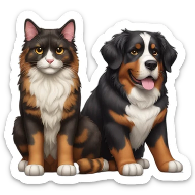 A Bernese dog next to A tortoiseshell cat without white sticker