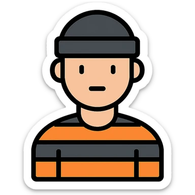male prisoner wearing black and orange prison uniform, color outline icon style, simple background sticker
