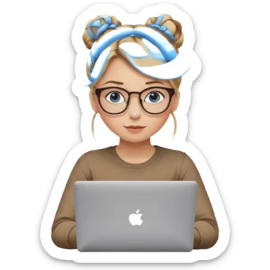 girl, dirty blonde hair, a bun, blue eyes, glasses, brown longsleeve, a laptop. upper body. sticker