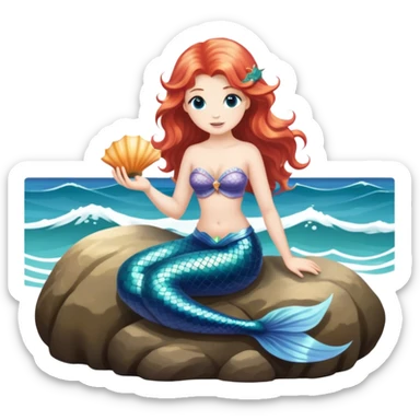 me as a mermaid with a junonia shell in my hand on a rock with ocean waves around  sticker