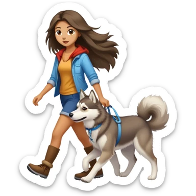 A long-haired girl walking a husky sticker