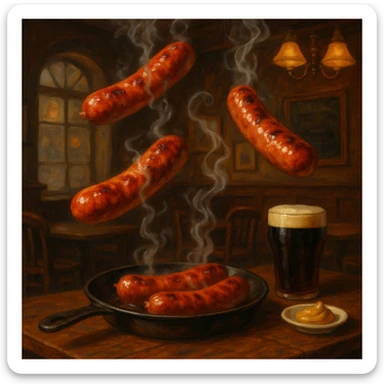 Sizzling sausages floating in the air, whimsical and slightly surreal, traditional English pub theme sticker